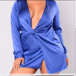 Satin Blue Deep V Mini Dress